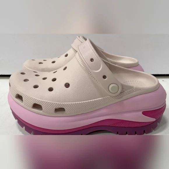 CROCS Women's Mega Crush Matte Cream and Pink Platform Clogs - Picture 3 of 5